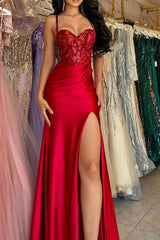 Long Red Mermaid Prom Dress in Satin with Spaghetti Straps and Slit