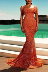 One Shoulder Orange Strapless Sleeveless Mermaid Long Formal Dress With Sequins