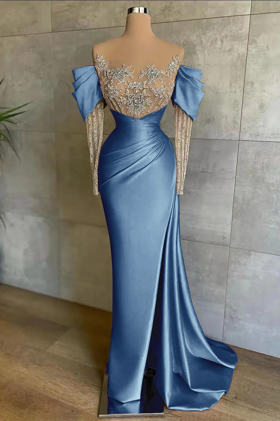 Pink Split Mermaid Long Sleeves Formal Dress Beadings With Appliques Off the Shoulder