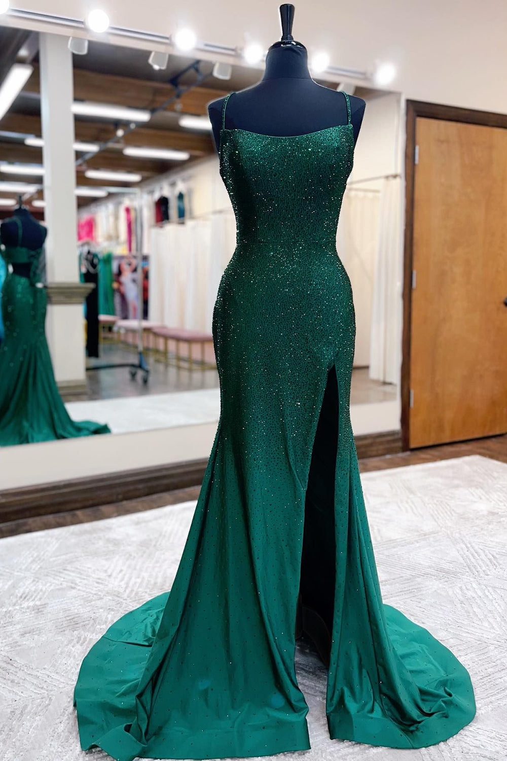 Black Sequins Long Prom Dress with Mermaid Spaghetti Straps and Split Front