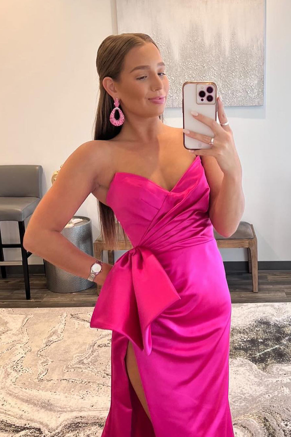 Long Hot Pink Prom Dress with Sweetheart Neckline and Front Split