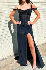 Elegant Black Off-the-Shoulder Mermaid Prom Dress with Front Split
