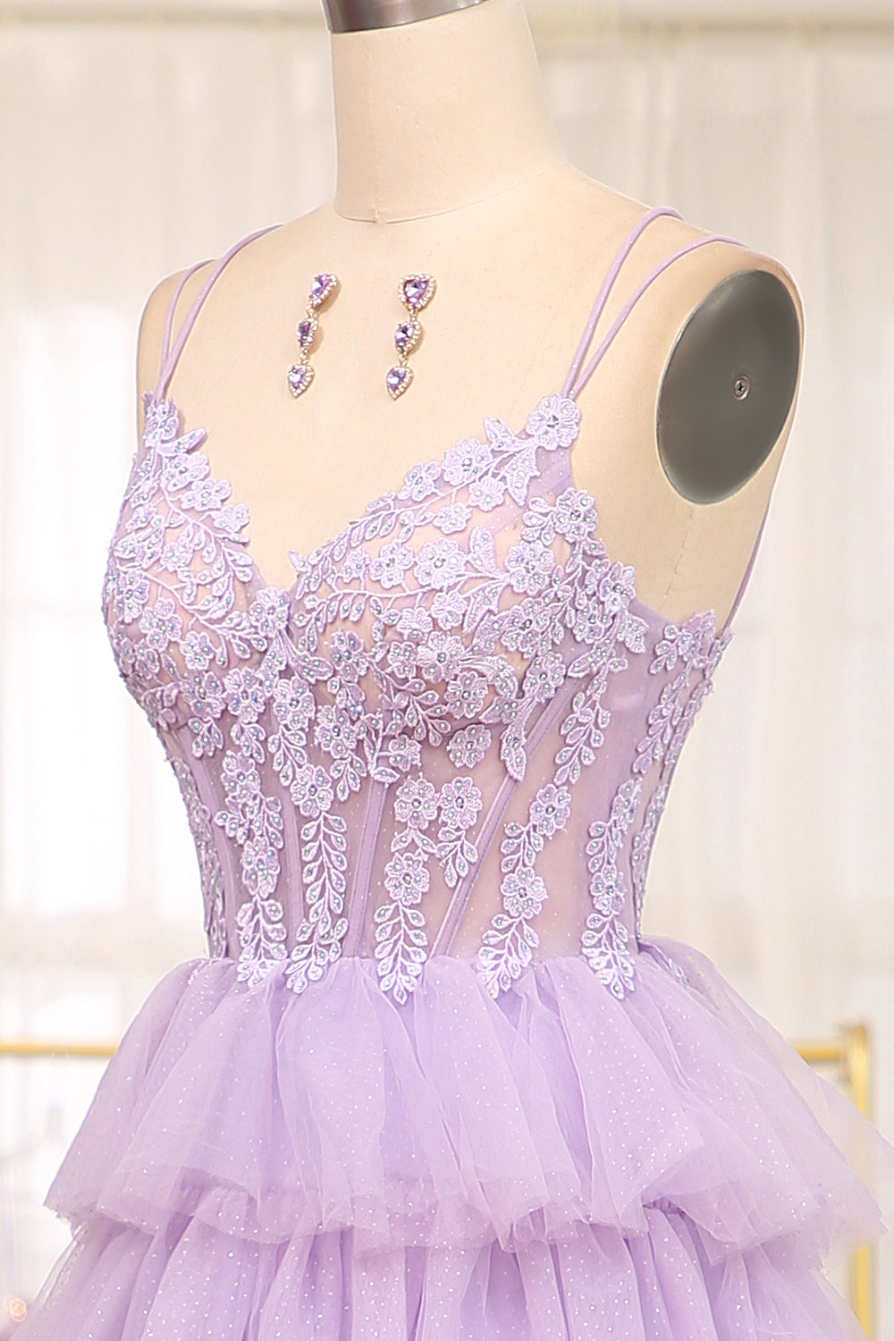 Long Prom Dress with Lilac Princess Spaghetti Straps and Tiered Tulle Appliques