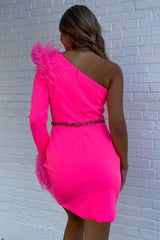 Sparkly Fuchsia One Shoulder Sequined Tight Short Homecoming Dress/Mini Dress with Feathers