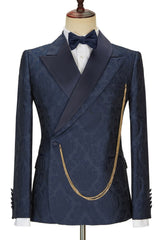 Brandon New Arrival Navy Blue Slim Fit Jacquard Peaked Lapel Wedding Men's Suits