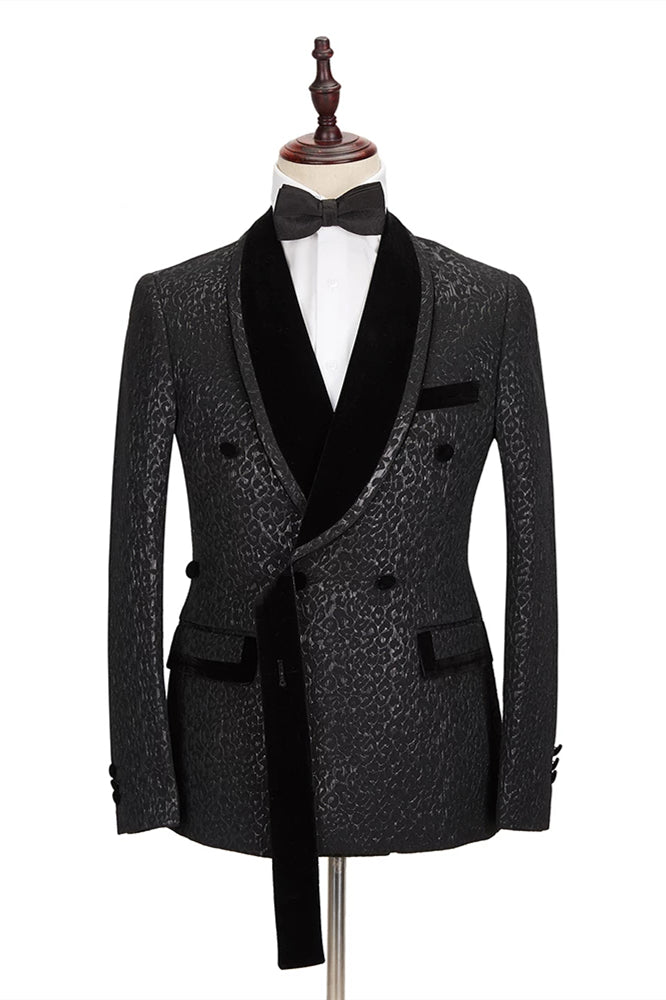 Stylish Velvet Lapel Double-Breasted Prom Suit Belt Leopard Black Jacquard Men's Suit for Wedding