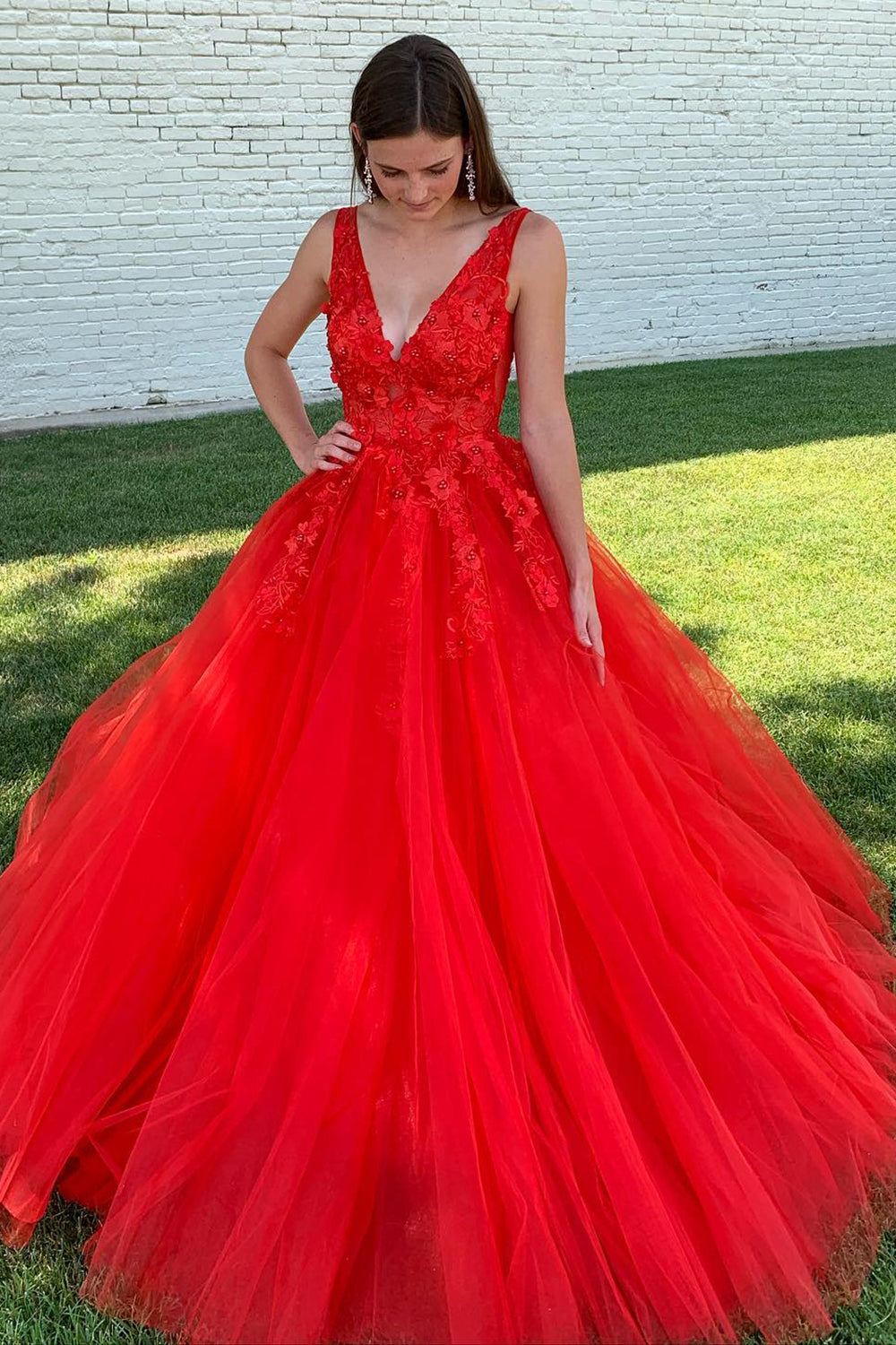 Long V-Neck Red Prom Dress in A-Line Style Featuring Appliques