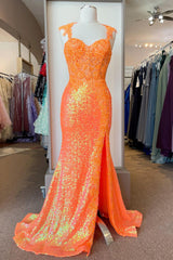 Orange Sequins Corset Prom Dress with Mermaid Spaghetti Straps and Appiques