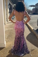 Elegant Pink Sequined Mermaid Prom Gown with Spaghetti Straps