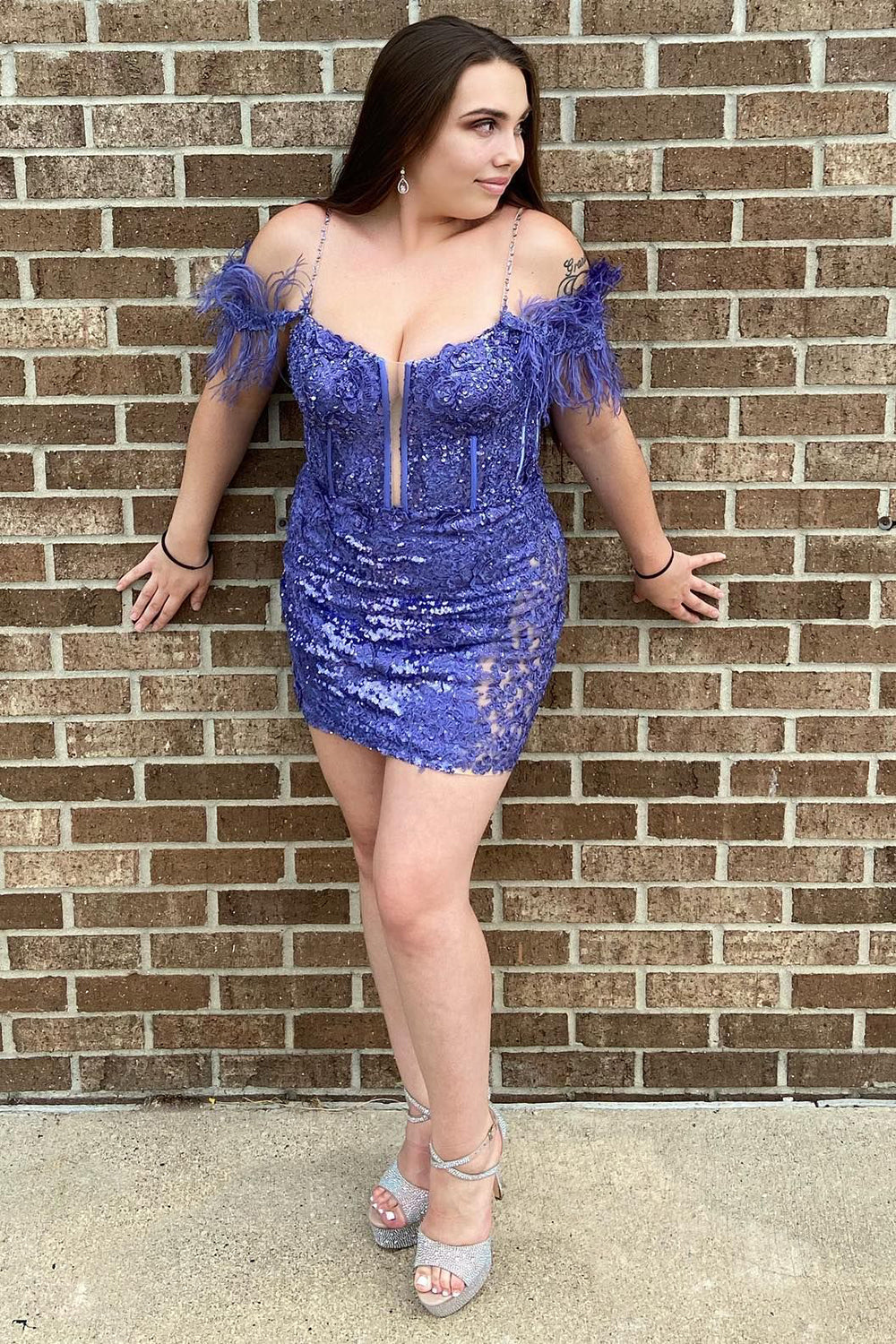 Sparkly Purple Lace Tight Short Homecoming Dress/Mini Dress with Feathers