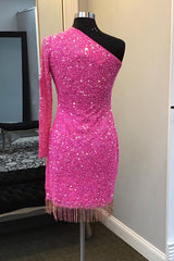 Sparkly Hot Pink Sequin Beaded Cut Out Tight Short Homecoming Dress/Mini Dress with Fringes