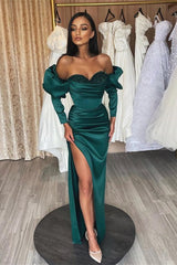 Dark Green Sweetheart Slit Long Mermaid Evening Dress With Long Sleeves Sequins