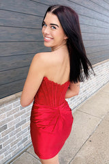 Red Corset Satin Tight Short Homecoming Dress/Mini Dress with Lace Top