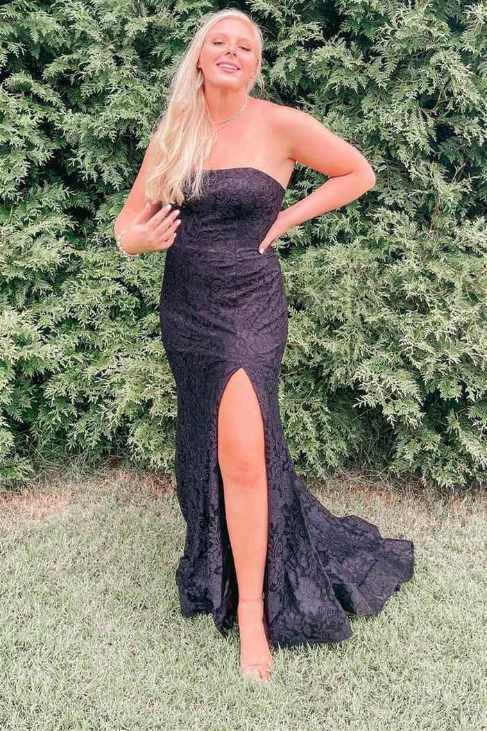 Charming Black Strapless Split Mermaid Evening Dress With Appliques