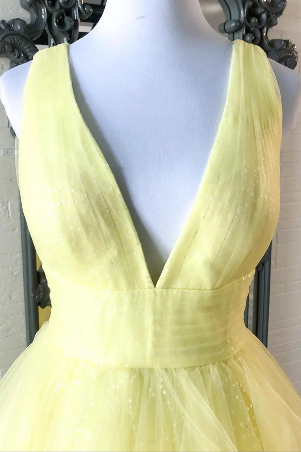 Light Yellow Long Prom Dress with Deep V Neckline and Ruffles in A-Line Style