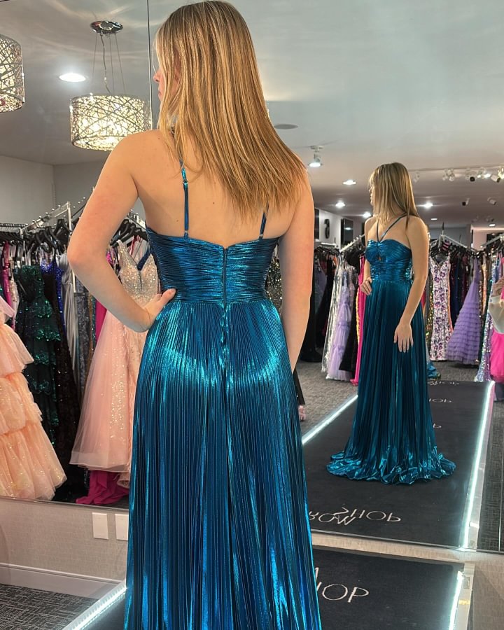 Gold Long Prom Dress with Sparkly A Line Halter Neck and Keyhole Slit