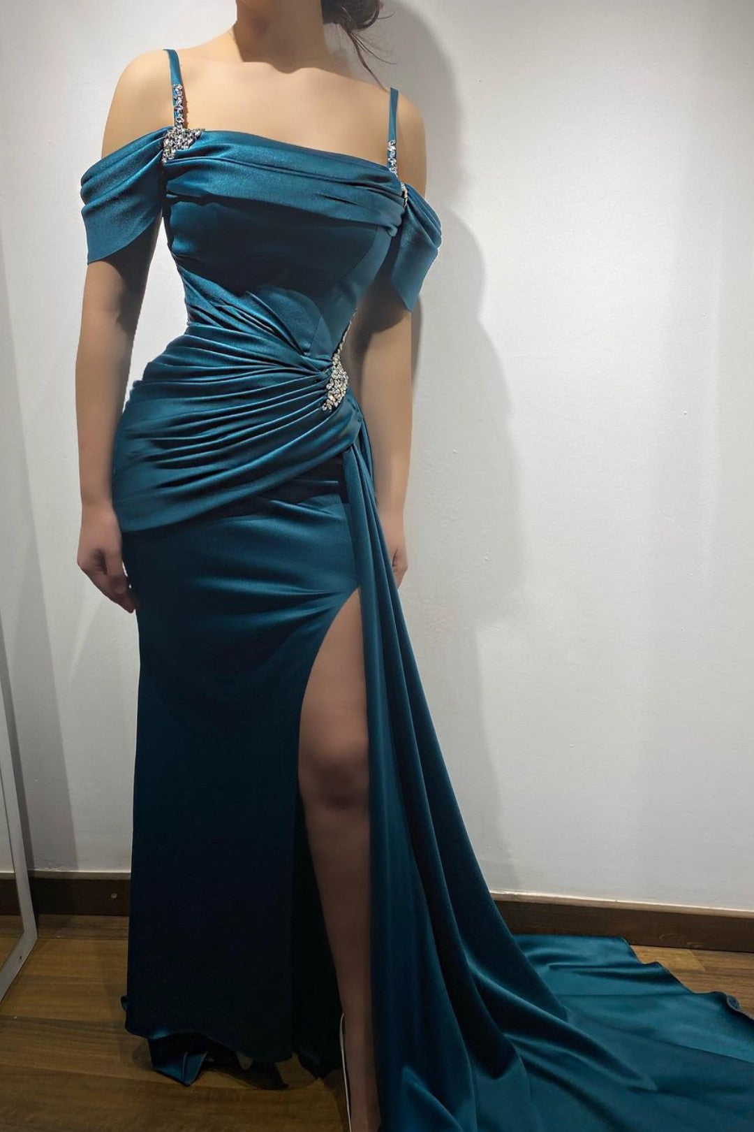 Ink Blue Formal Dress Spaghetti Strap With Sleeveless High Split