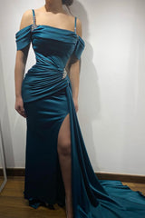 Ink Blue Formal Dress Spaghetti Strap With Sleeveless High Split