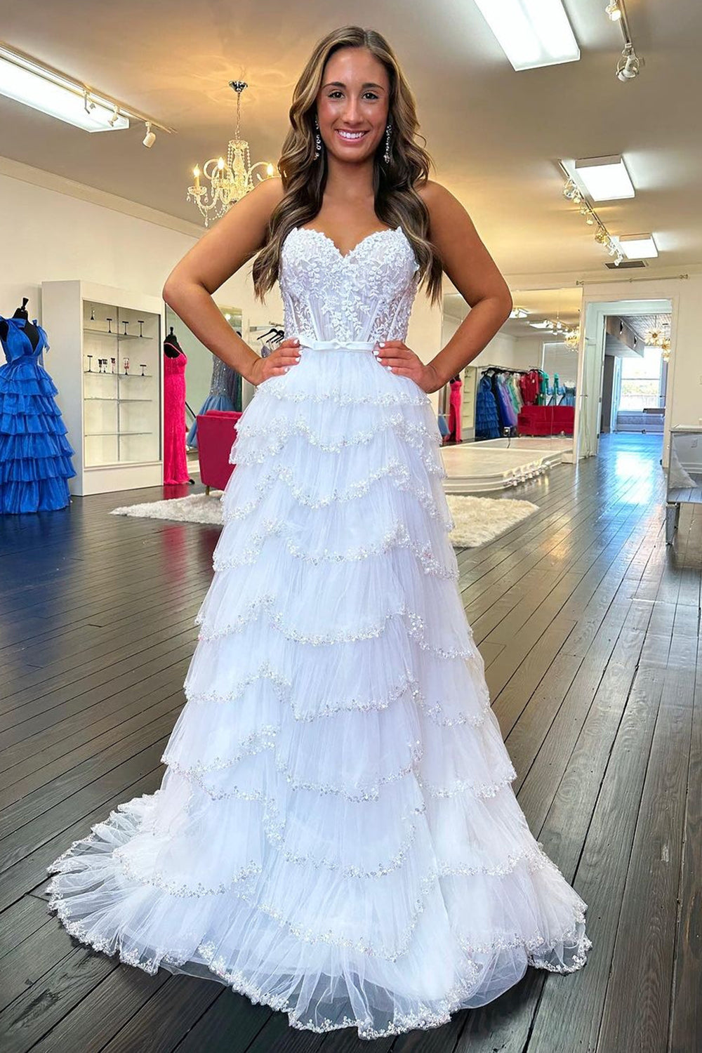 White Corset Prom Dress with Princess A Line Spaghetti Straps Appliques and Ruffles