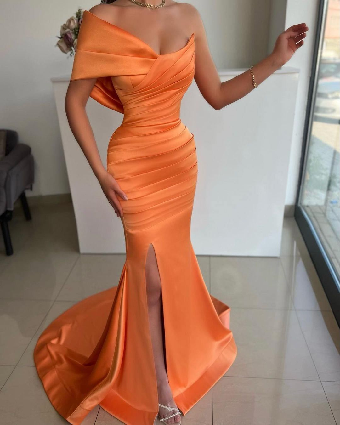 One Shoulder Sleeveless Split Mermaid Long Formal Dress With Pleated