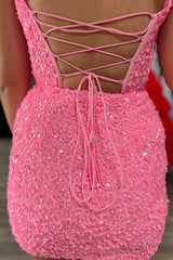 Sparkly Pink Sequins Corset Tight Short Homecoming Dress/Mini Dress