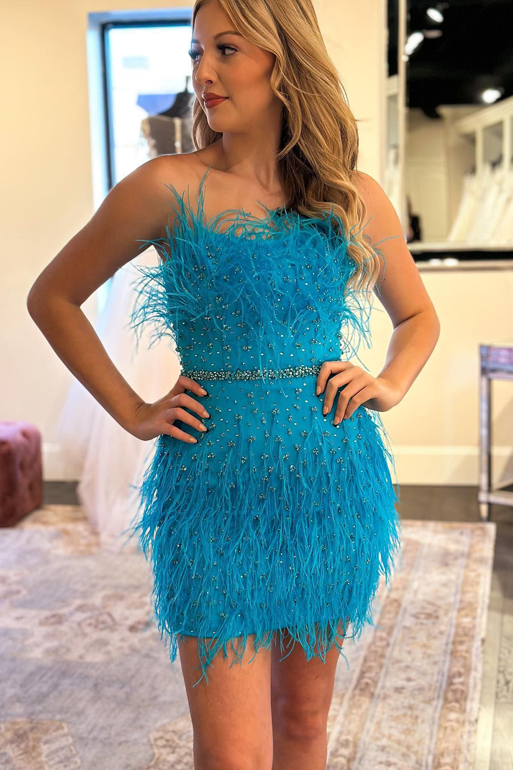 Sparkly Fuchsia Beaded Tight Short Homecoming Dress/Mini Dress with Feathers