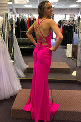 Long Hot Pink Prom Dress with Spaghetti Straps and Slit