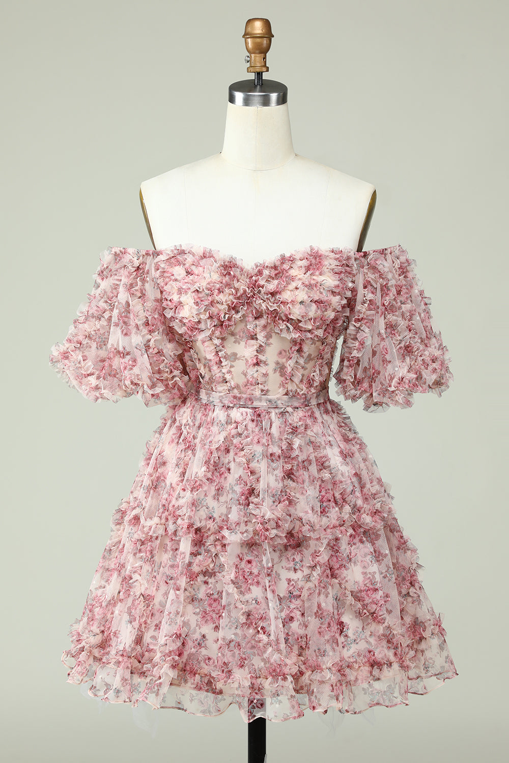Green Off the Shoulder Printed Tiered A Line Short Homecoming Dress/Mini Dress