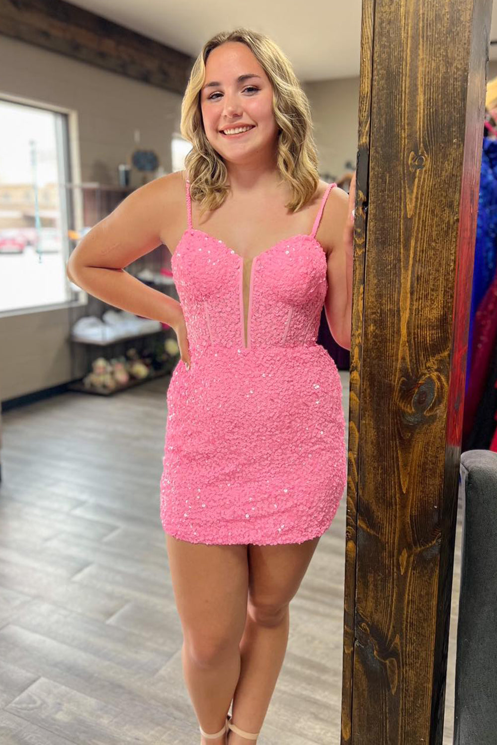 Sparkly Fuchsia Sequins Corset Tight Short Homecoming Dress/Mini Dress