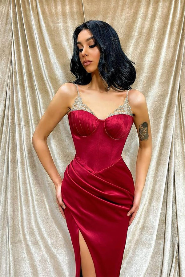 Spaghetti-Straps Burgundy Front Split Mermaid Evening Dress With Beadings