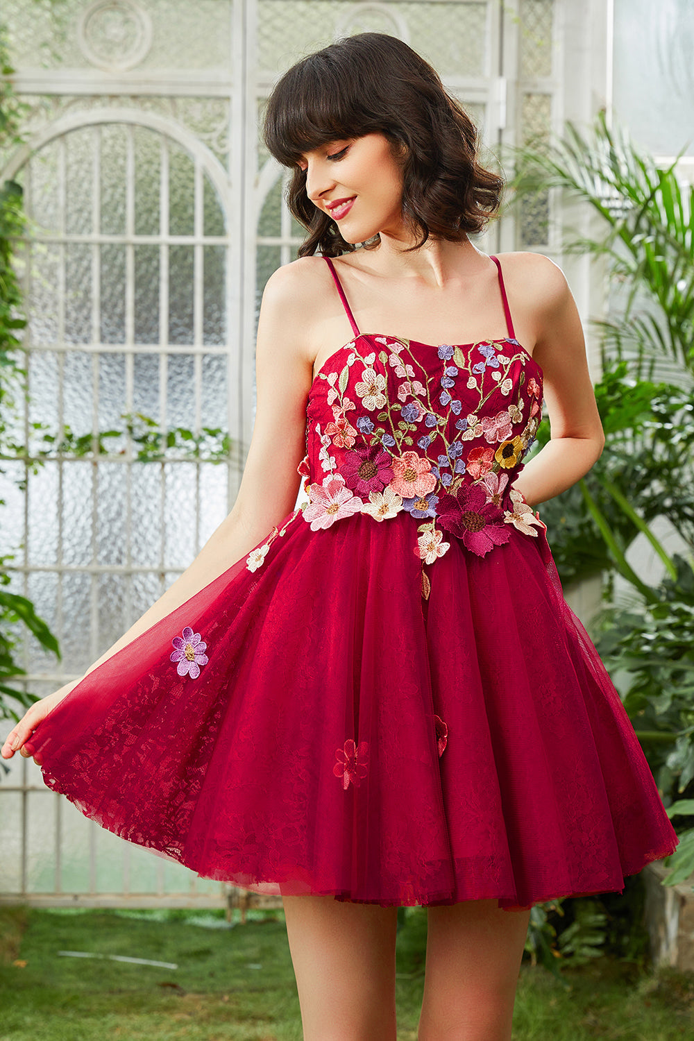 Burgundy A Line Spaghetti Straps Homecoming Dress/Mini Dress With 3D Flowers