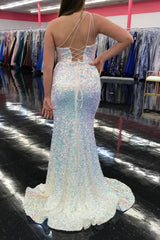 Light Blue Sequined Mermaid Prom Dress with Silt and One Shoulder