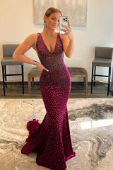 Long Backless Mermaid Prom Dress with Sparkly Fuchsia Sequins