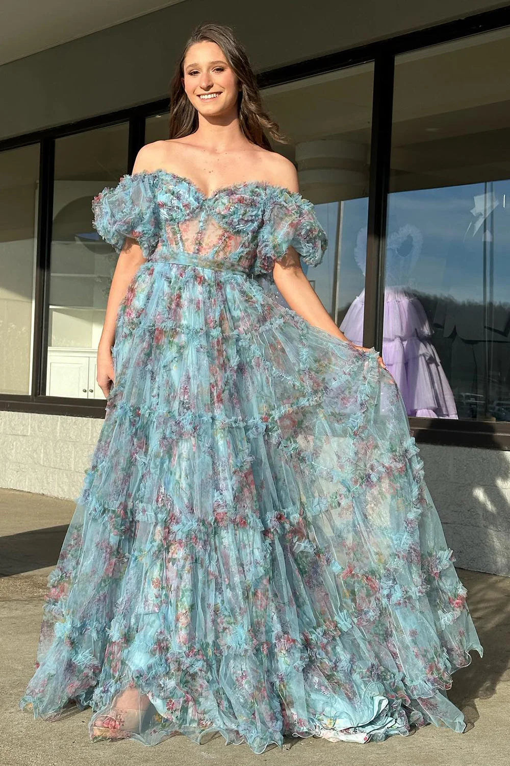 Elegant Off-the-Shoulder Pink Floral Corset Prom Dress with A-Line Silhouette and Sweep Train