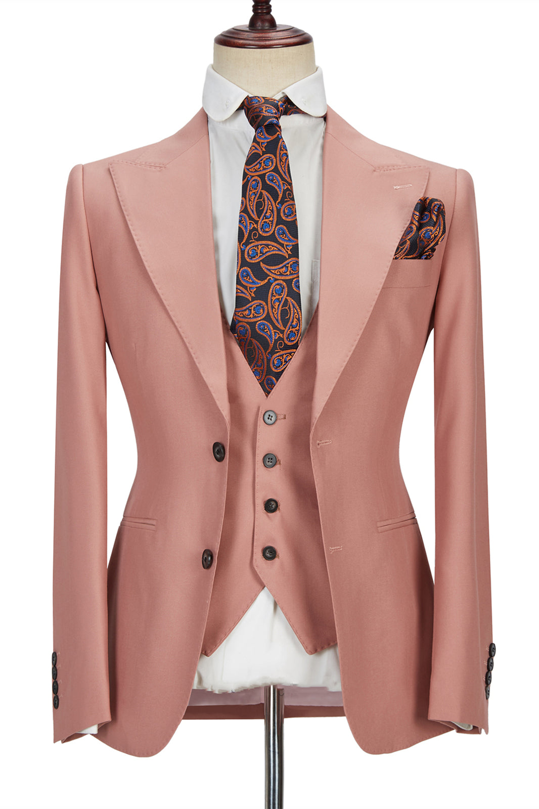 Stylish Pink Two-Button Peak Lapel Marriage Suit for Men in Three Pieces