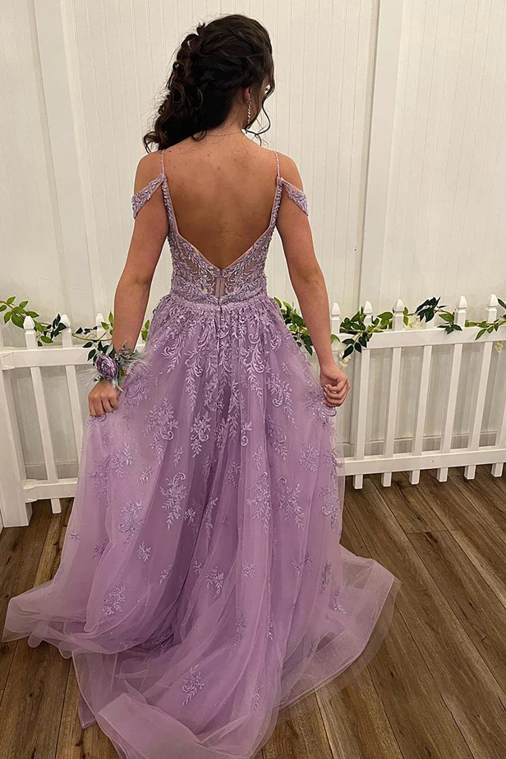 Lilac Off-the-Shoulder A-Line Prom Dress with Elegant Appliques