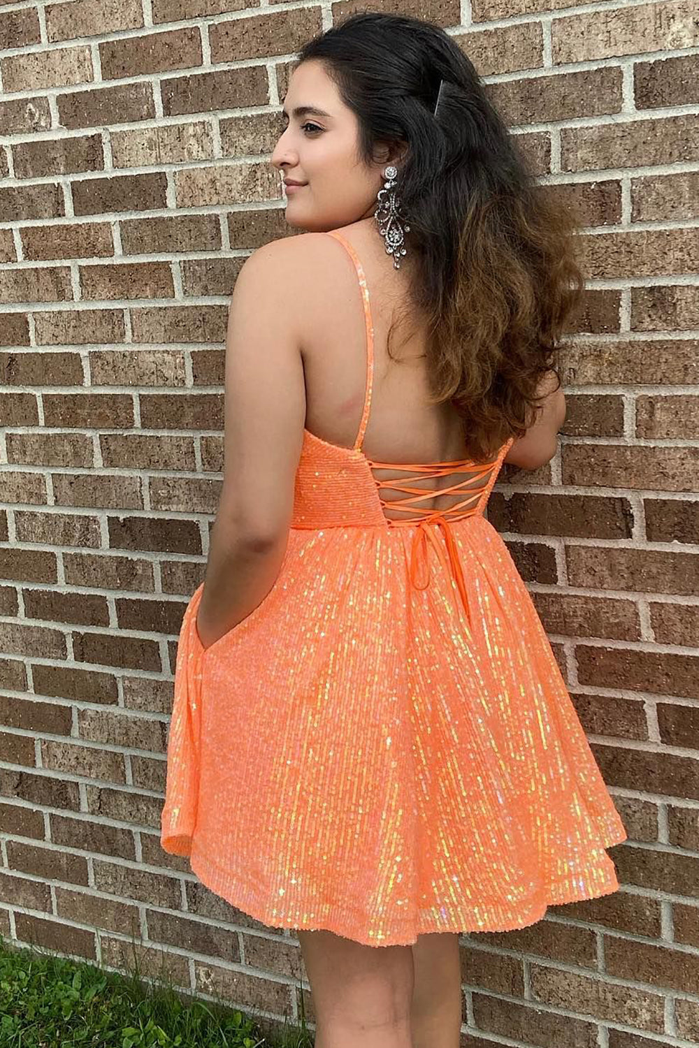 Glitter Hot Pink A-Line Short Homecoming Dress/Mini Dress with Pockets