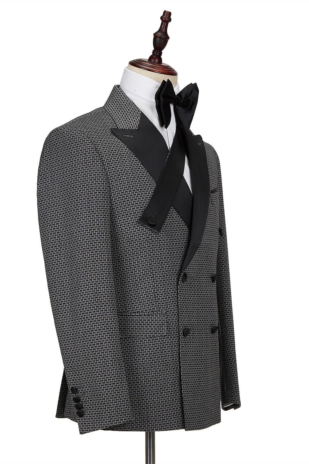 Black-and-Gray Cruciform Satin Double-Breasted Peak Lapel Men's Formal Suit
