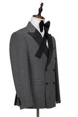 Black-and-Gray Cruciform Satin Double-Breasted Peak Lapel Men's Formal Suit