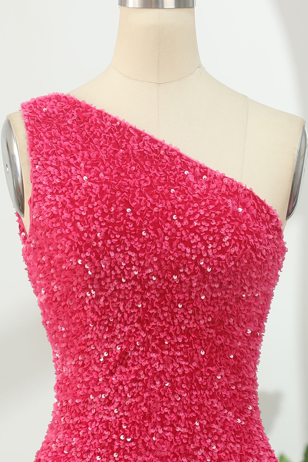 Hot Pink Open Sequins One Shoulder Tight Homecoming Dress/Mini Dress