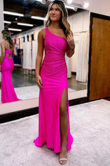 Fuchsia One-Shoulder Beaded Long Sheath Prom Dress
