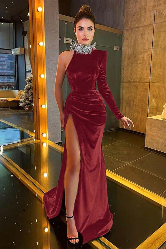 High Neck Black Long Sleeves Evening Dress