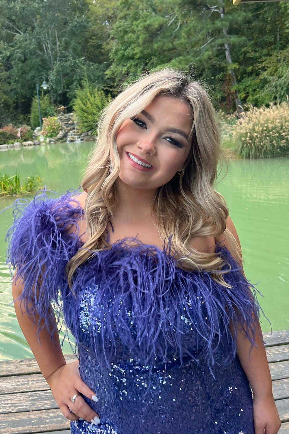 Blush Sparkly Tight Sequins Homecoming Dress/Mini Dress with Feathers