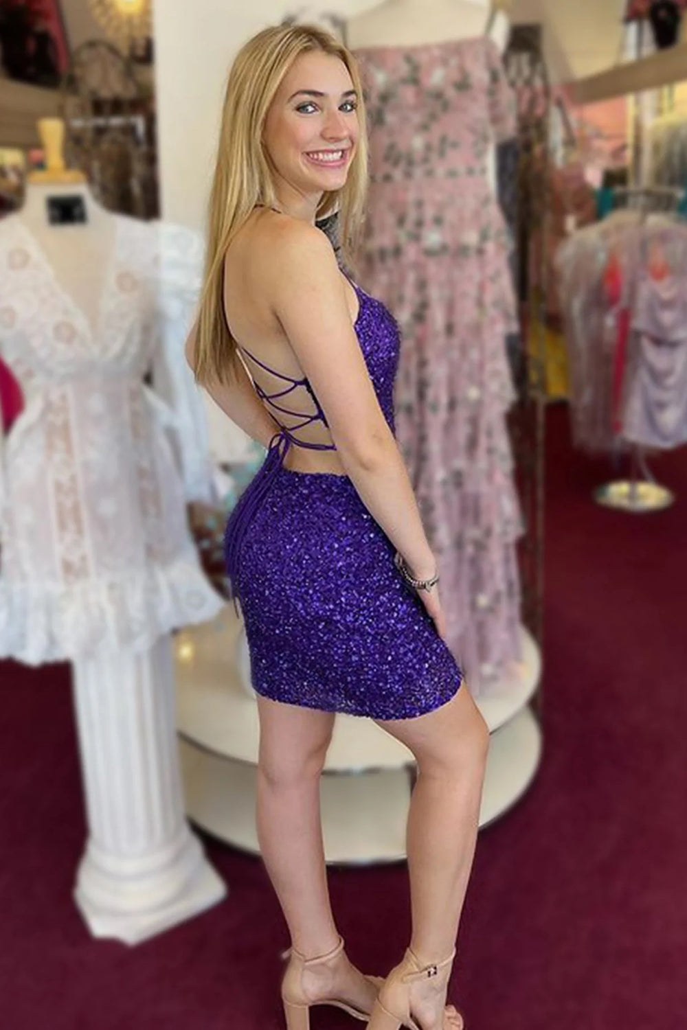 Orange Spaghetti Straps Backless Sequins Tight Homecoming Dress/Mini Dress