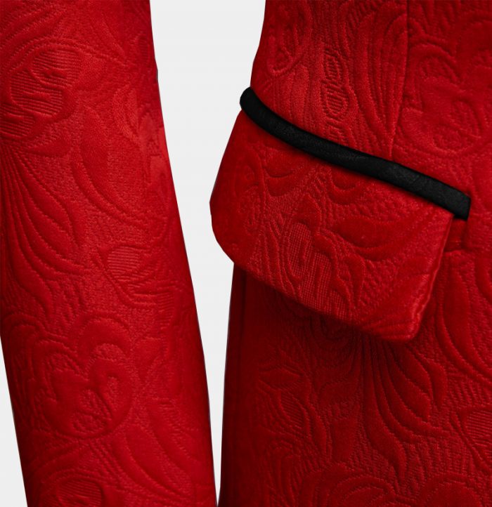 Red Floral Tuxedo Three-Piece Prince Suit for Groom with Black Lapel