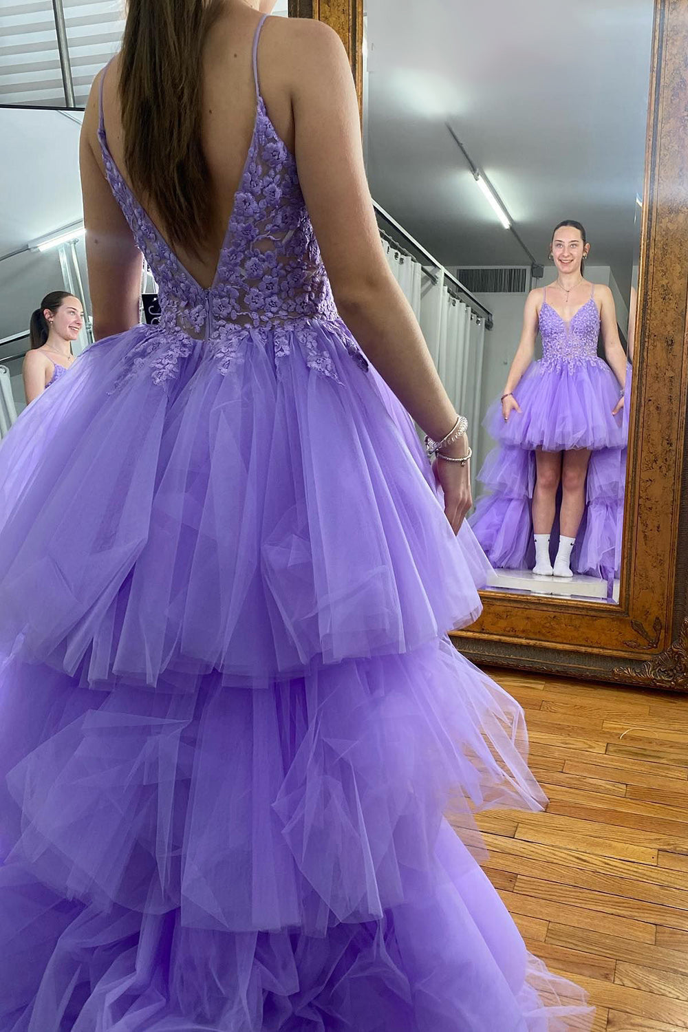 Purple High Low Tiered Homecoming Dress/Mini Dress with Lace