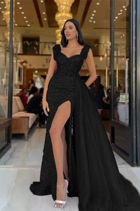 Modern Slit Sky Blue Sweetheart Sequins Straps Mermaid Evening Dress Tulle With Detachable Ruffles