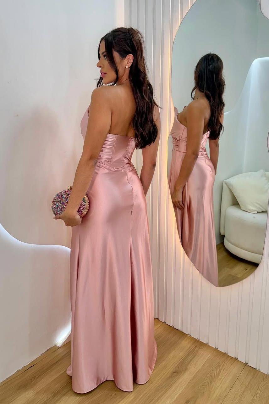 Strapless V Neck Sleeveless Long Split Formal Dress With Pleated