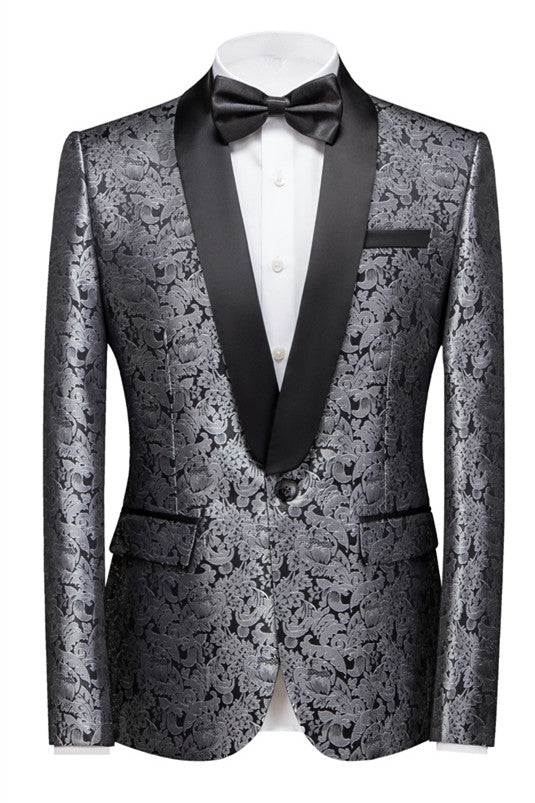 Unique Silver Shawl Lapel Jacquard One-Button Wedding Suit for Men