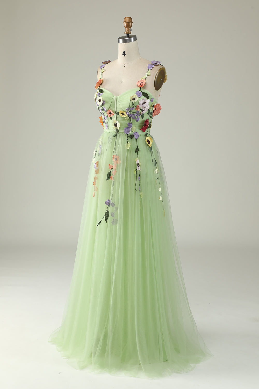 Champagne Long Prom Dress with Spaghetti Straps and Appliques in A-Line Style
